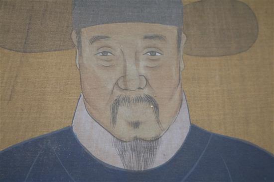 A Chinese gouache on silk ancester portrait, 91 x 60cm